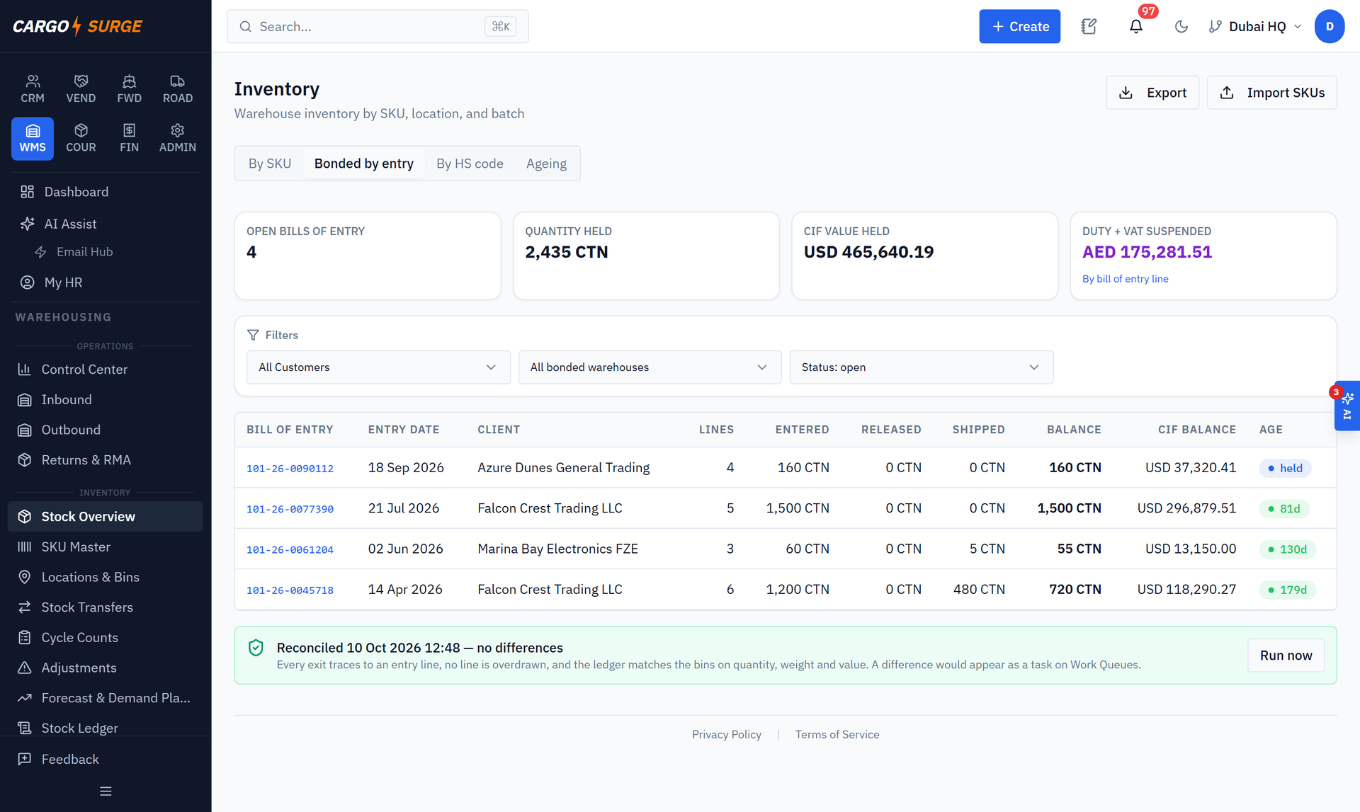 Inventory › Bonded by entry — each bill of entry with what was entered, released and shipped, the balance, the CIF value and this morning's reconciliation