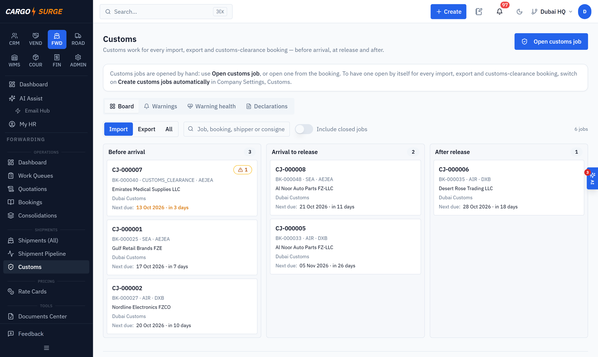 Customs › Board — every import job by stage: before arrival, arrival to release, after release, each card with the authority, the next deadline and open warnings