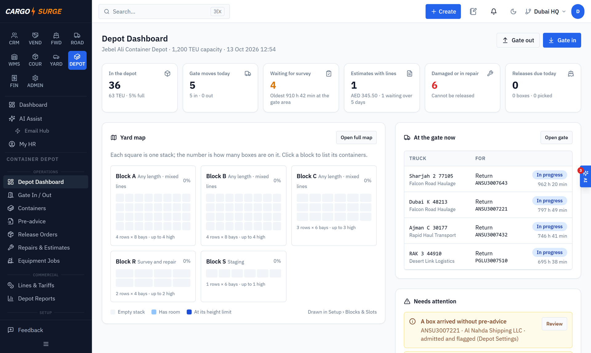 Screenshot: Depot dashboard — real system, demo company