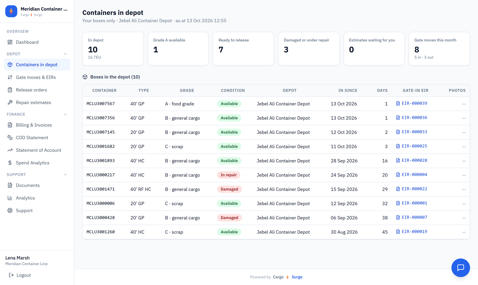 Screenshot: Line portal — real system, demo company