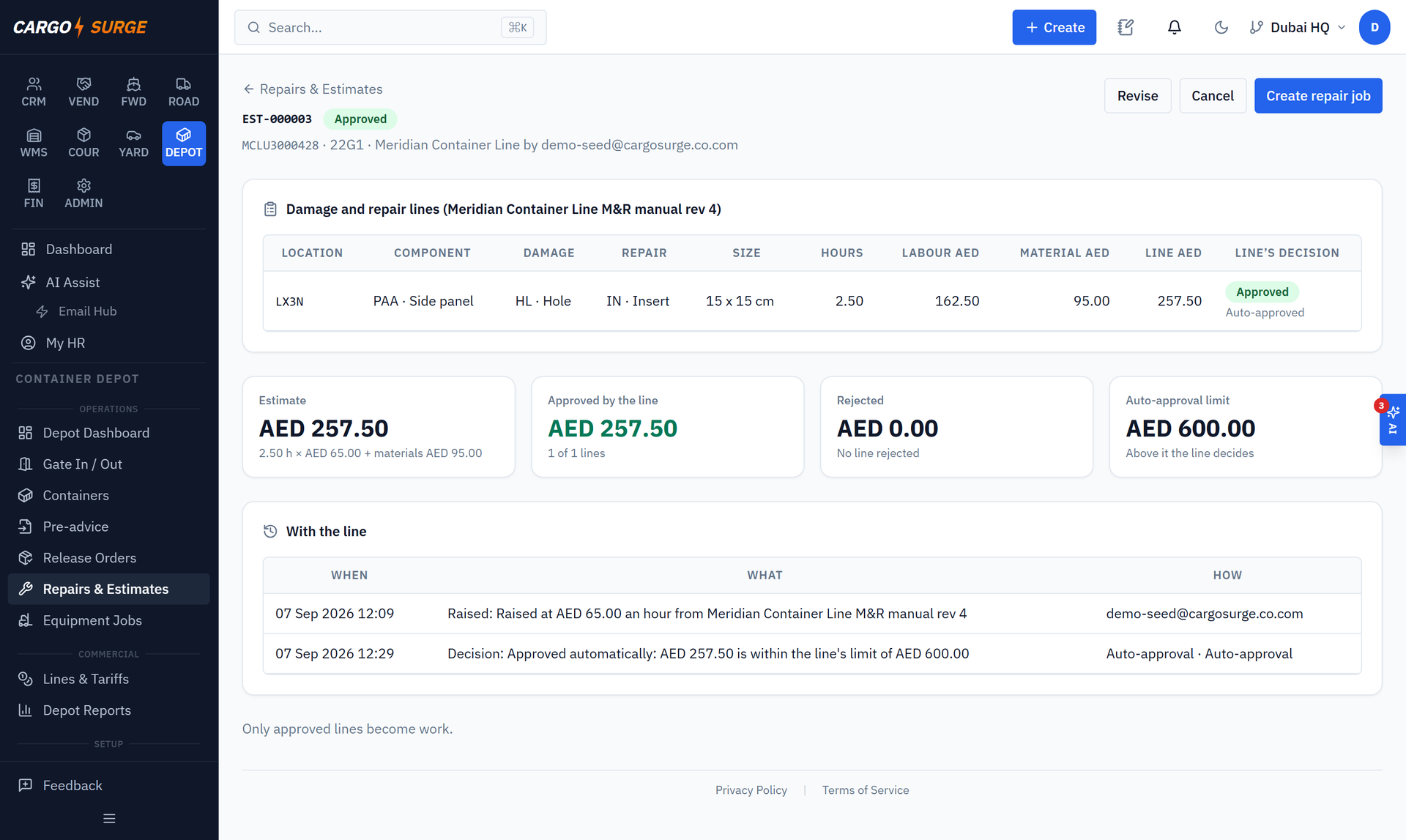 Screenshot: Repair estimate — real system, demo company
