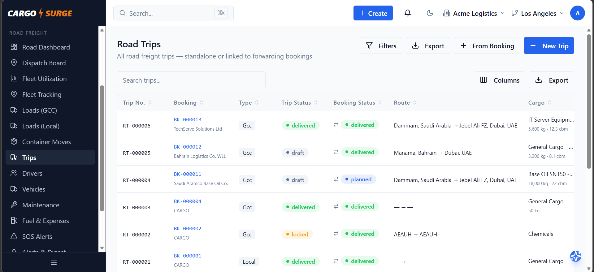 Road Trips — trip list with routes, cargo, and status tracking