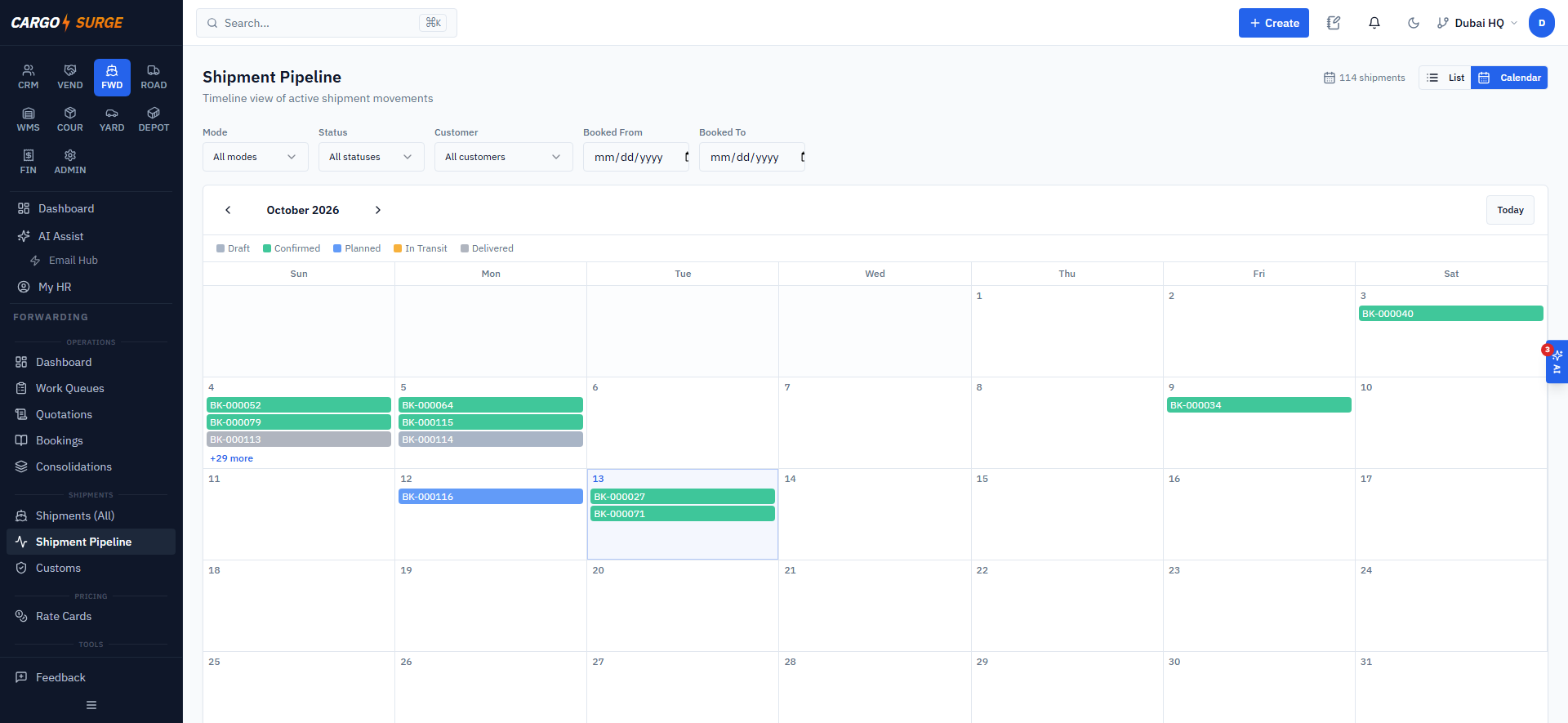 Shipment Pipeline — calendar view of booking statuses