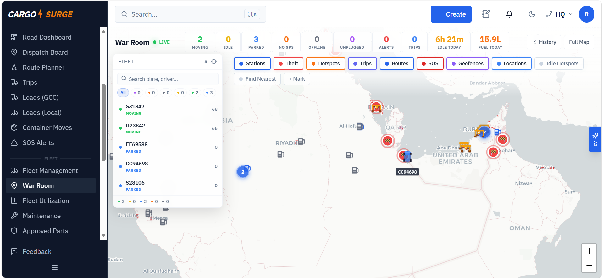 CargoSurge War Room — live fleet map across the GCC with a KPI strip showing moving, idle, parked, no-GPS, offline, unplugged, alerts, trips, idle hours today and fuel today.