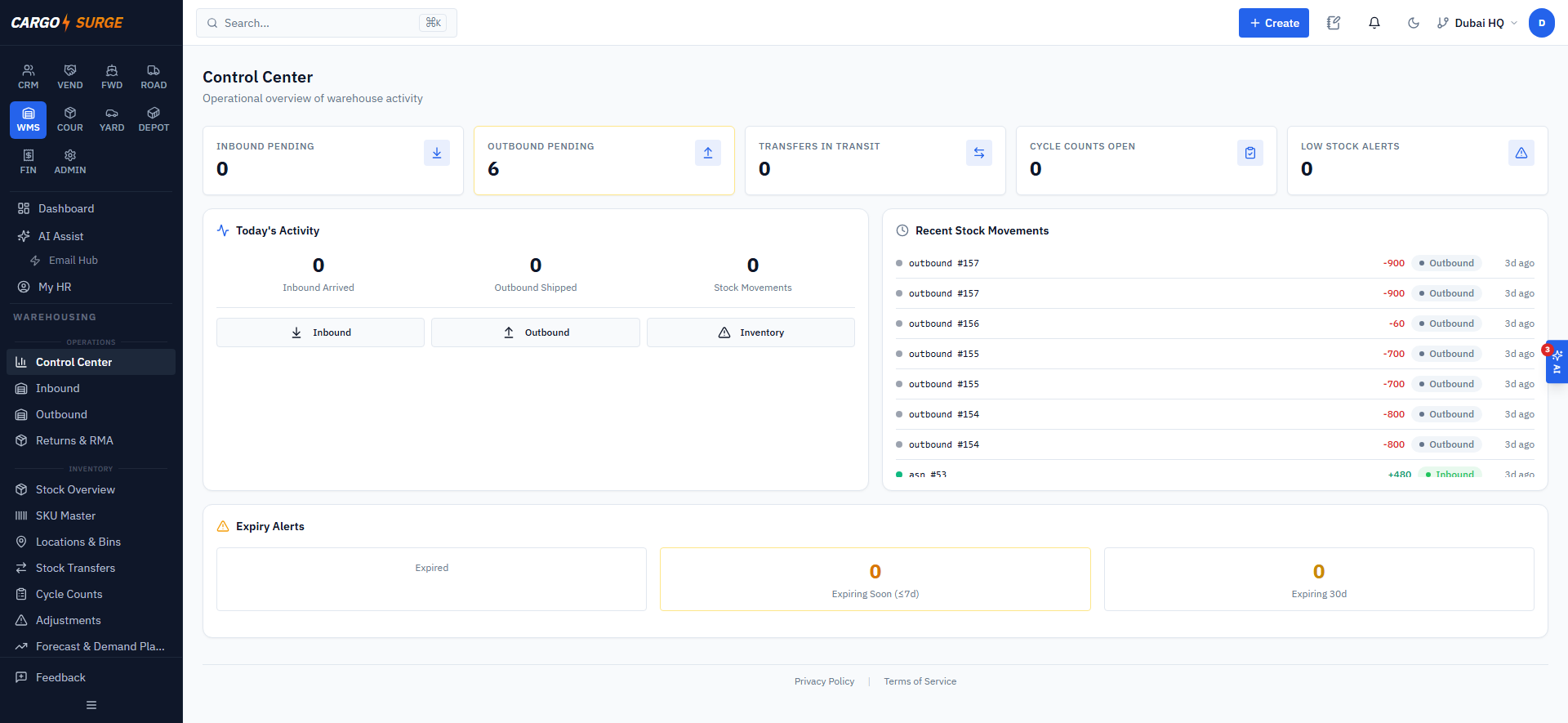 WMS Control Center — inbound, outbound, stock movements, and expiry alerts