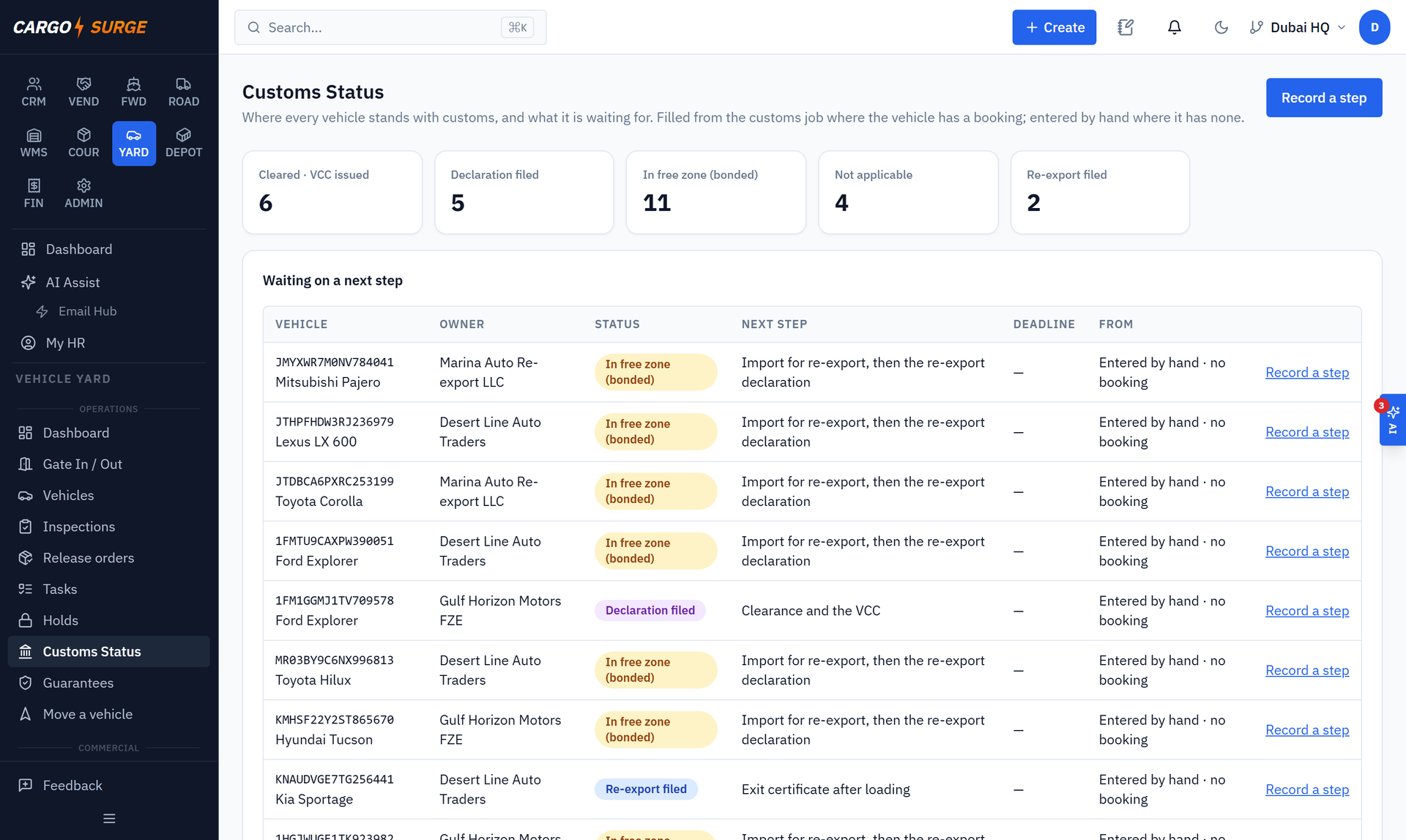 Screenshot: Customs status and guarantees — real system, demo company