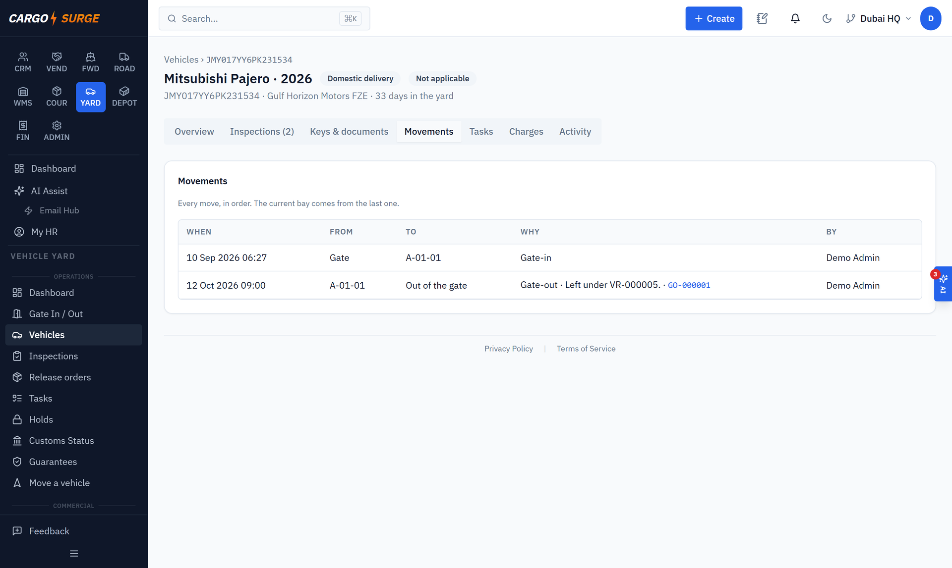 Screenshot: Delivery trip with VINs — real system, demo company
