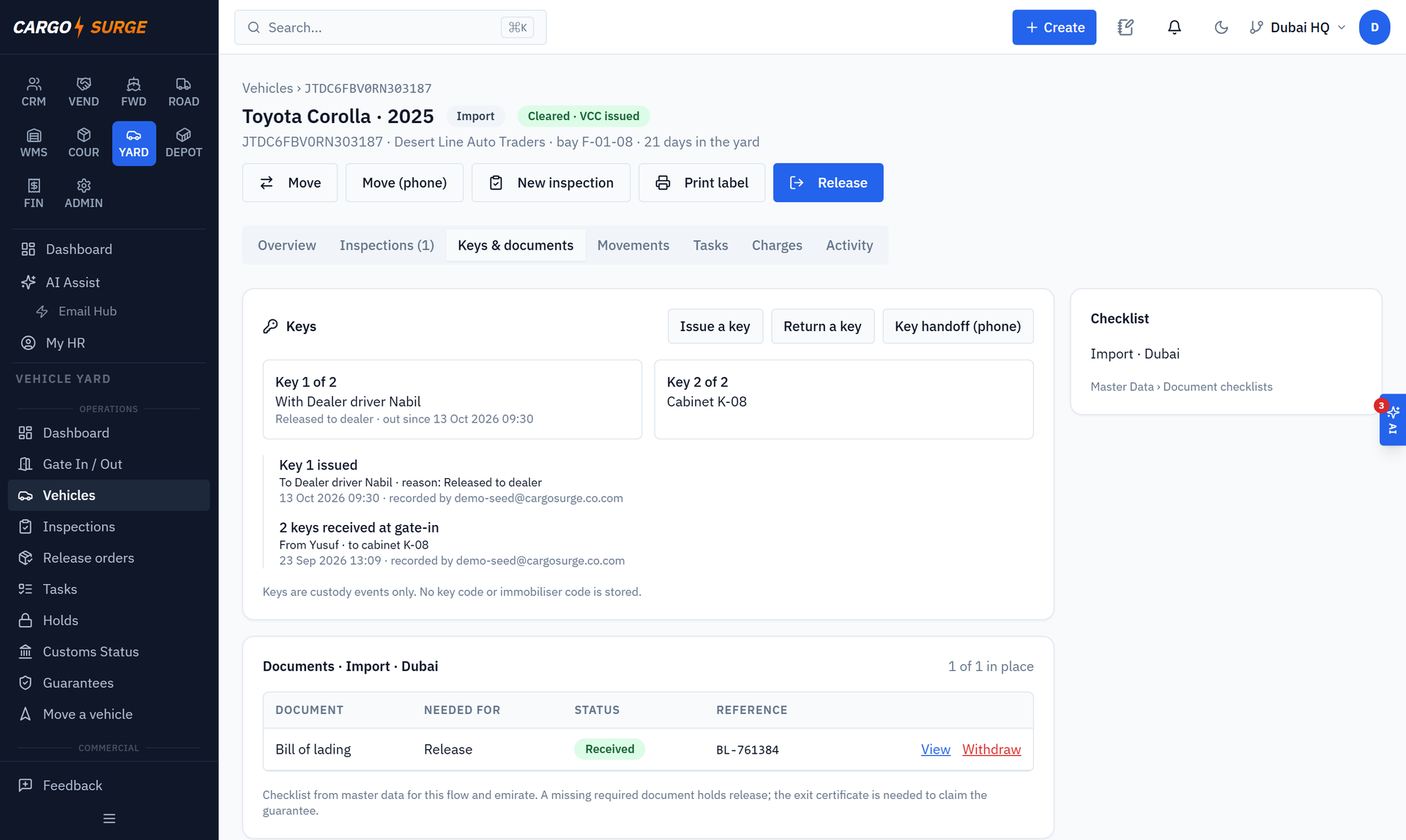 Screenshot: Release order and key board — real system, demo company