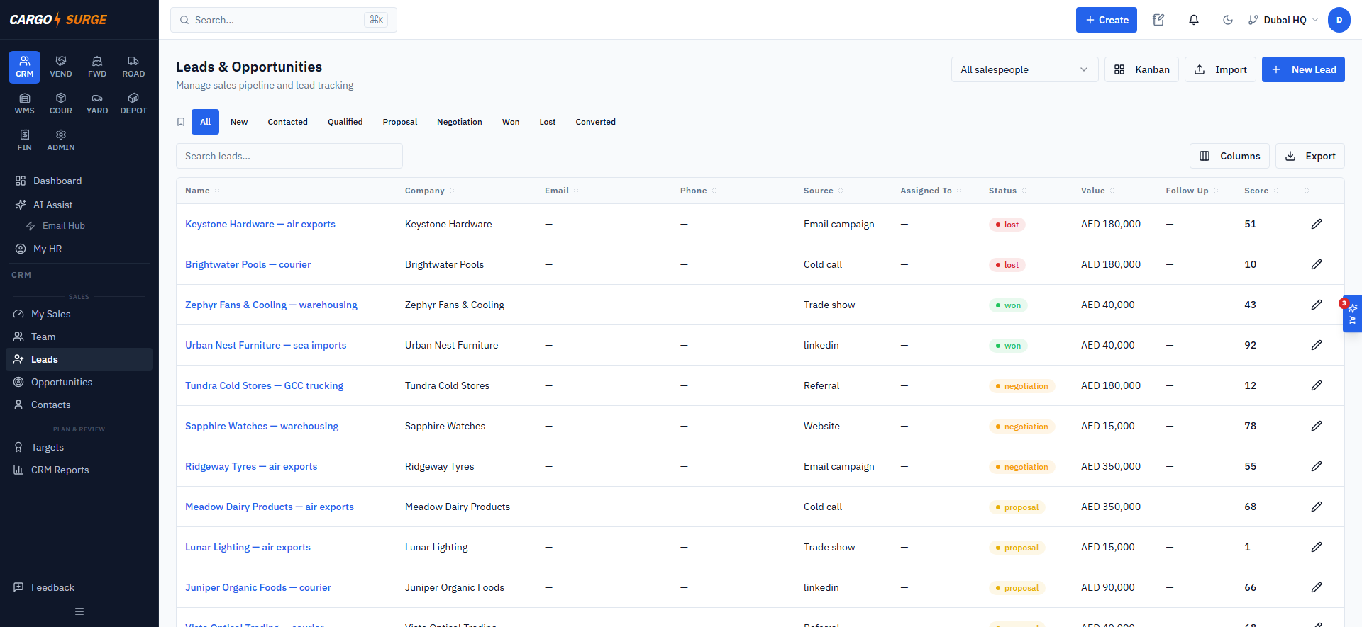 CargoSurge CRM — leads, pipeline, and customer 360 view