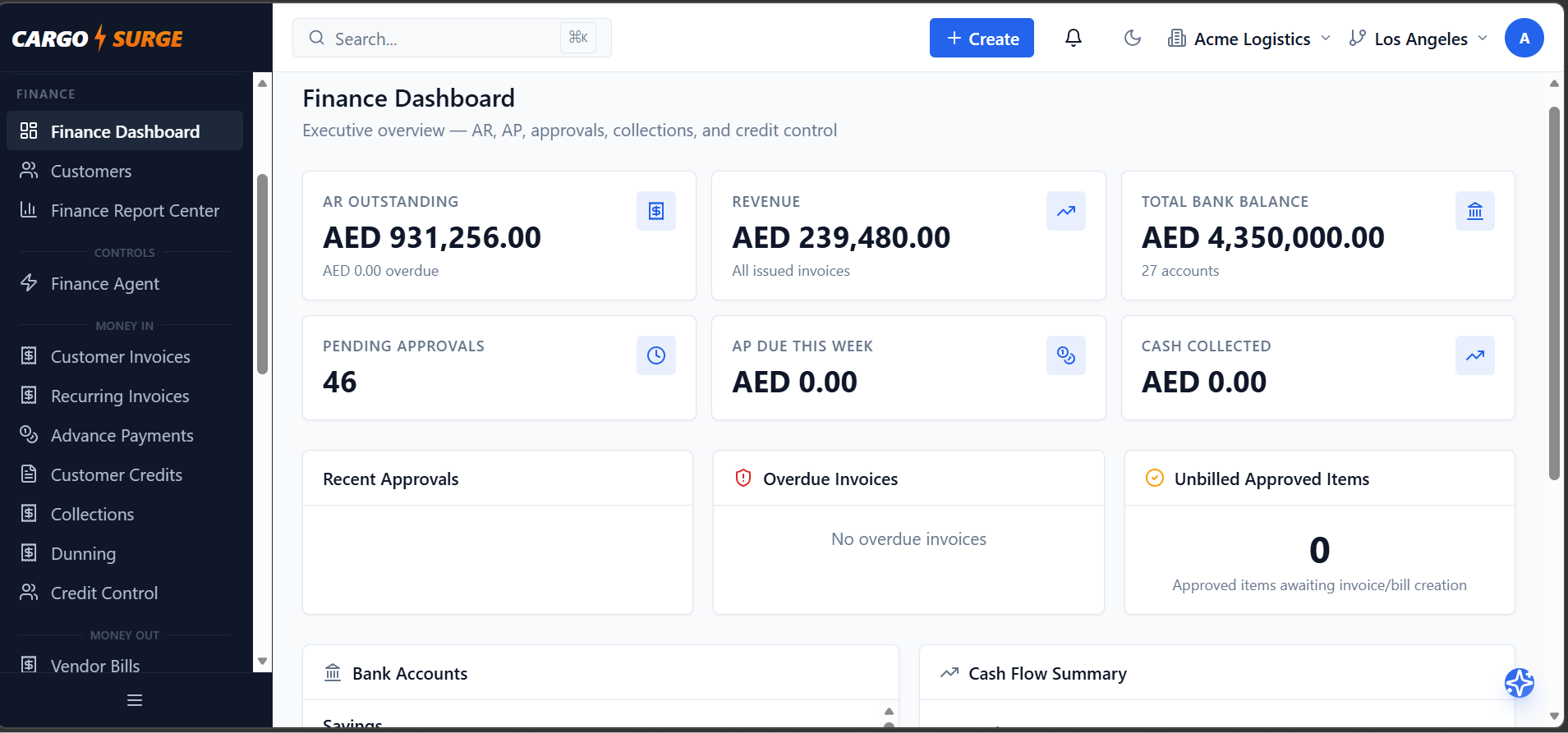 Finance Dashboard — AR, AP, revenue, bank balances, approvals, and cash flow